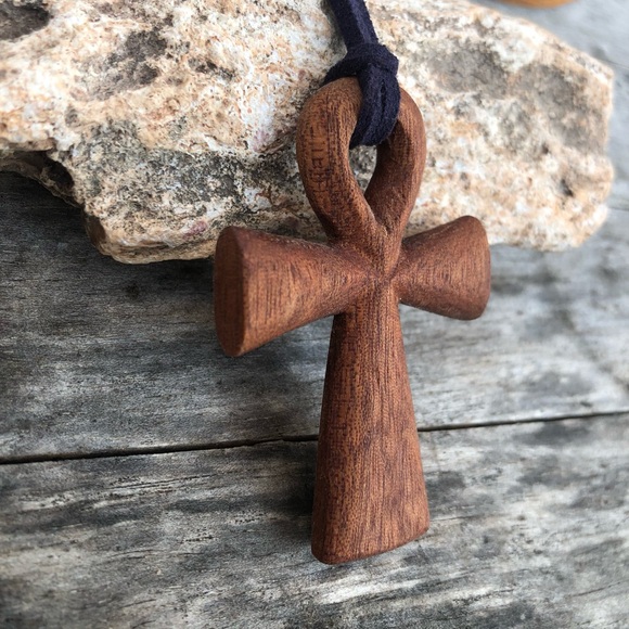 Hand-Carved Mahogany Wooden Ankh Necklace - Picture 3 of 8